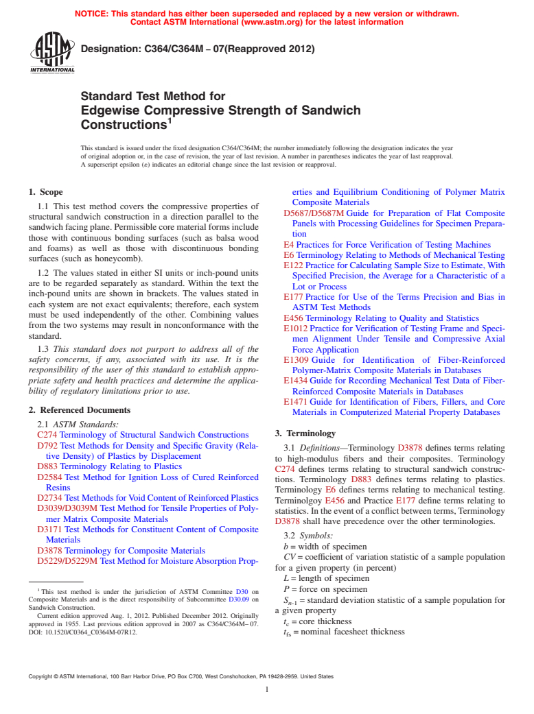 ASTM C364/C364M-07(2012) - Standard Test Method for Edgewise Compressive Strength of Sandwich Constructions