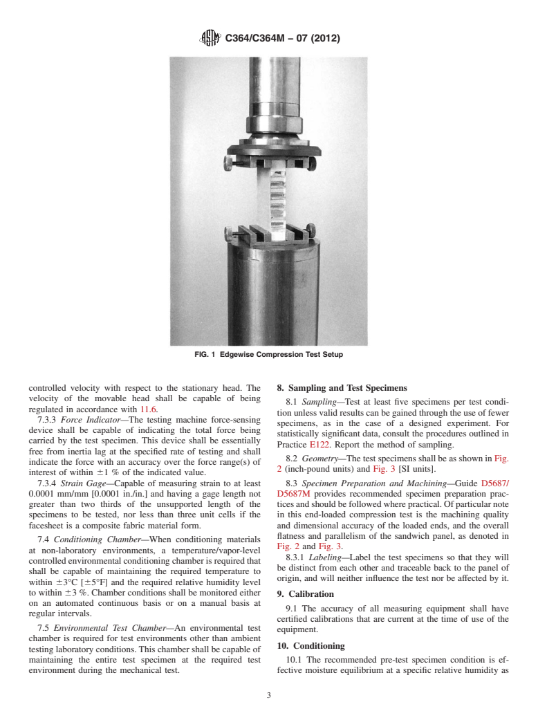 ASTM C364/C364M-07(2012) - Standard Test Method for Edgewise Compressive Strength of Sandwich Constructions