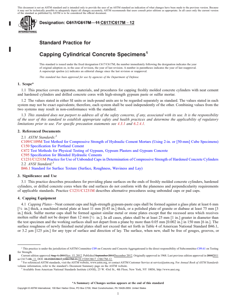 REDLINE ASTM C617/C617M-12 - Standard Practice for  Capping Cylindrical Concrete Specimens