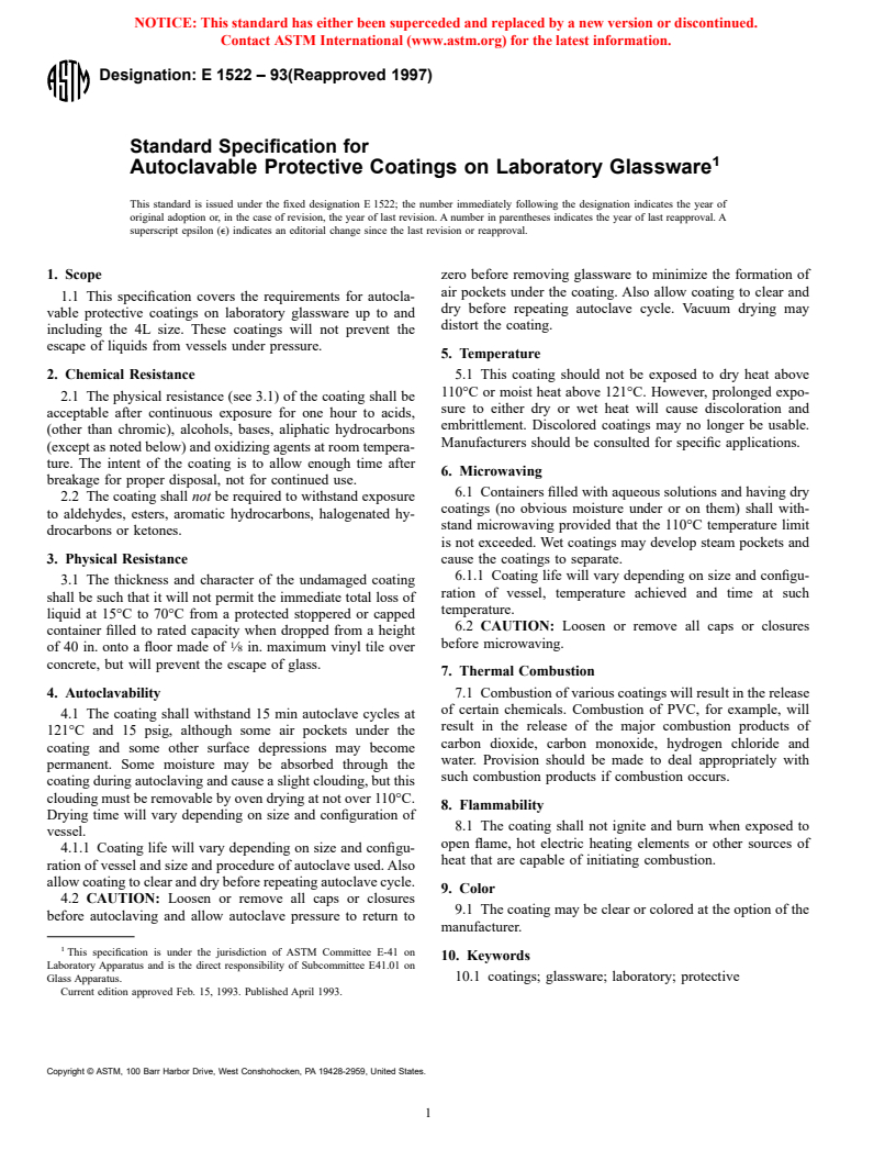 ASTM E1522-93(1997) - Standard Specification for Autoclavable Protective Coatings on Laboratory Glassware