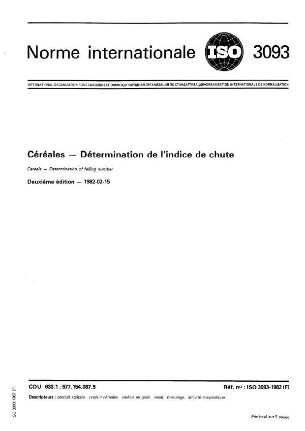 ISO 3093:1982 - Céréales -- Détermination de l'indice de chute