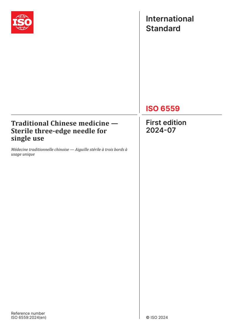 ISO 6559:2024 - Traditional Chinese medicine — Sterile three-edge needle for single use
Released:1. 07. 2024