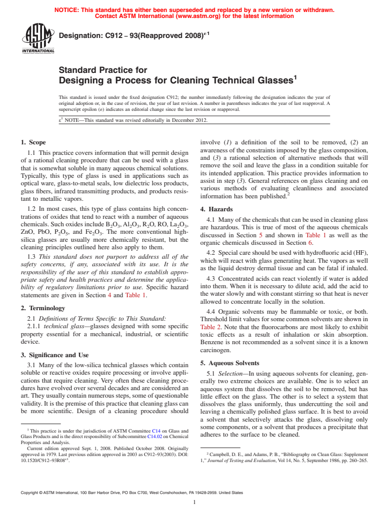 ASTM C912-93(2008)e1 - Standard Practice for  Designing a Process for Cleaning Technical Glasses