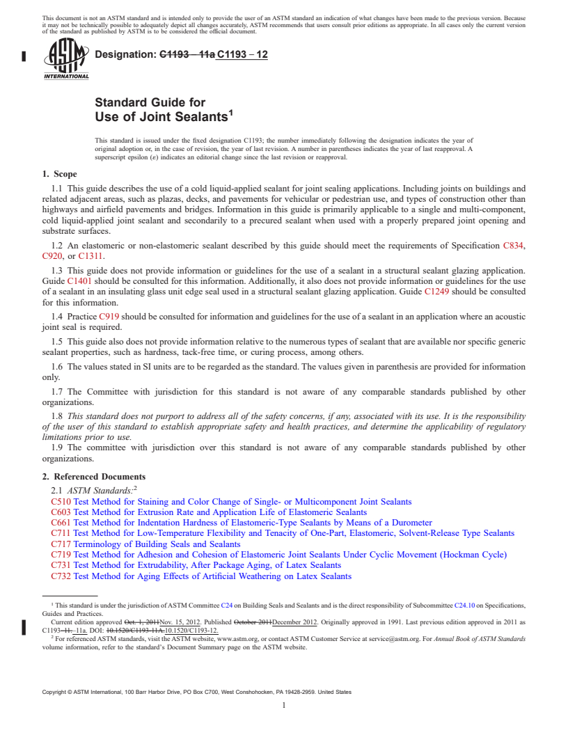 REDLINE ASTM C1193-12 - Standard Guide for  Use of Joint Sealants