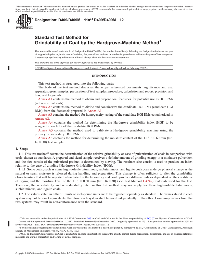 REDLINE ASTM D409/D409M-12 - Standard Test Method for  Grindability of Coal by the Hardgrove-Machine Method