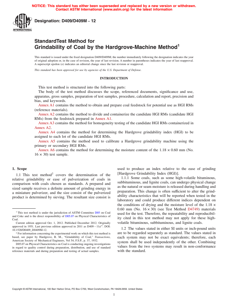 ASTM D409/D409M-12 - Standard Test Method for  Grindability of Coal by the Hardgrove-Machine Method