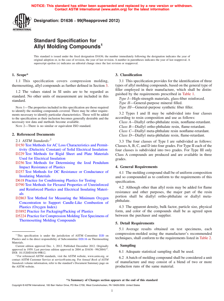 ASTM D1636-99(2012) - Standard Specification for Allyl Molding Compounds