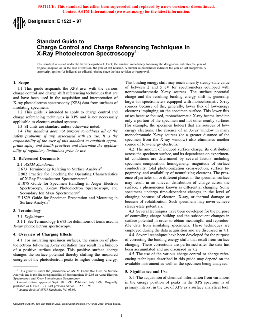 ASTM E1523-97 - Standard Guide to Charge Control and Charge Referencing Techniques in X-Ray Photoelectron Spectroscopy