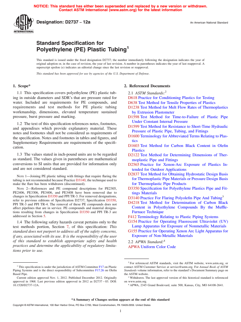 ASTM D2737-12a - Standard Specification for Polyethylene (PE) Plastic Tubing