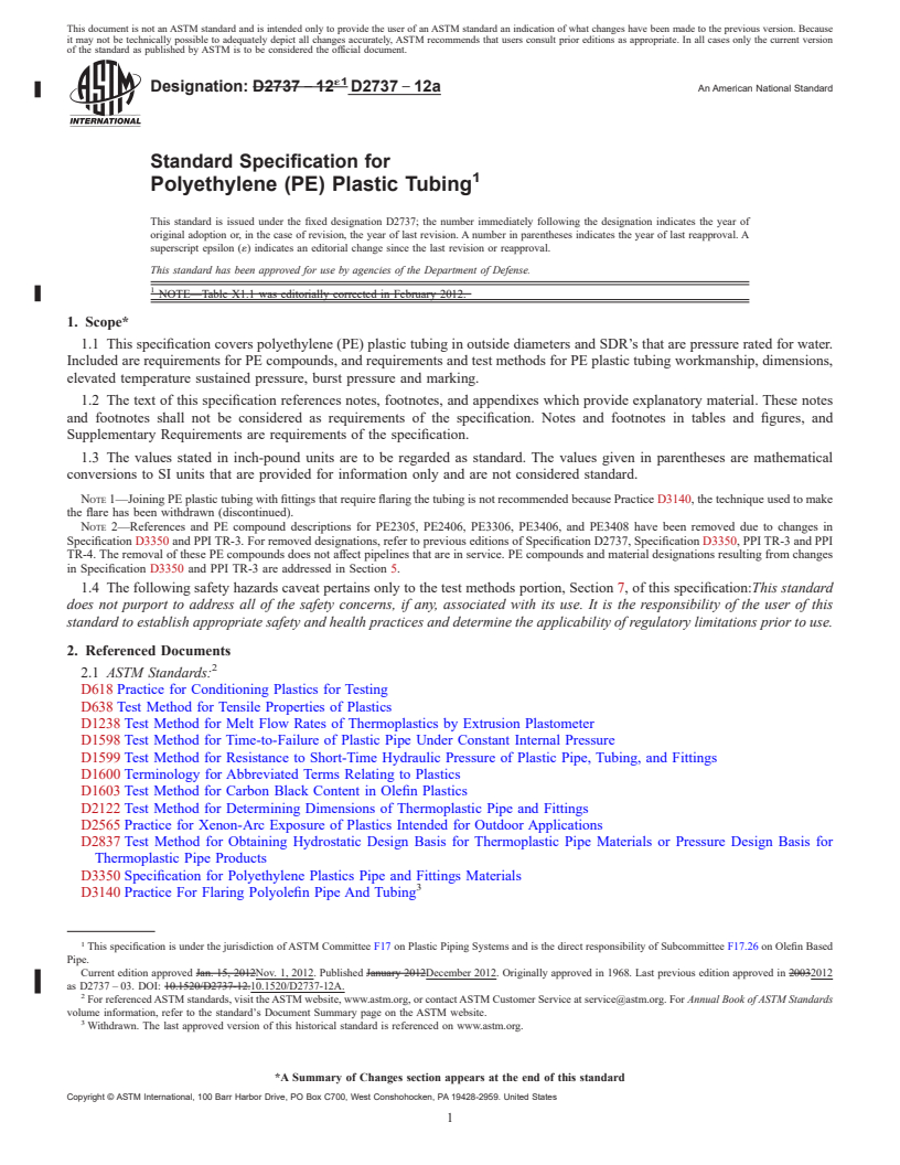 REDLINE ASTM D2737-12a - Standard Specification for Polyethylene (PE) Plastic Tubing