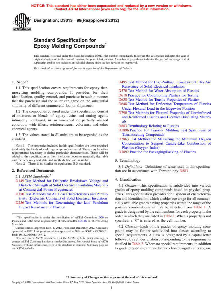 ASTM D3013-99(2012) - Standard Specification for Epoxy Molding Compounds