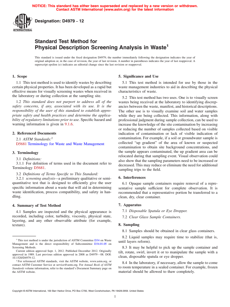 ASTM D4979-12 - Standard Test Method for  Physical Description Screening Analysis in Waste