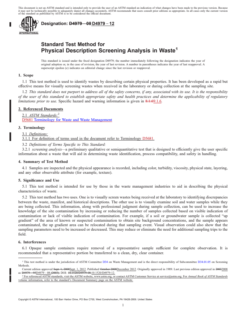 REDLINE ASTM D4979-12 - Standard Test Method for  Physical Description Screening Analysis in Waste