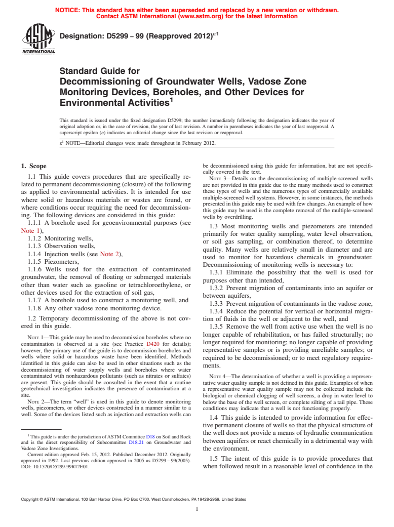 ASTM D5299-99(2012)e1 - Standard Guide for  Decommissioning of Groundwater Wells, Vadose Zone Monitoring  Devices, Boreholes, and Other Devices for Environmental Activities