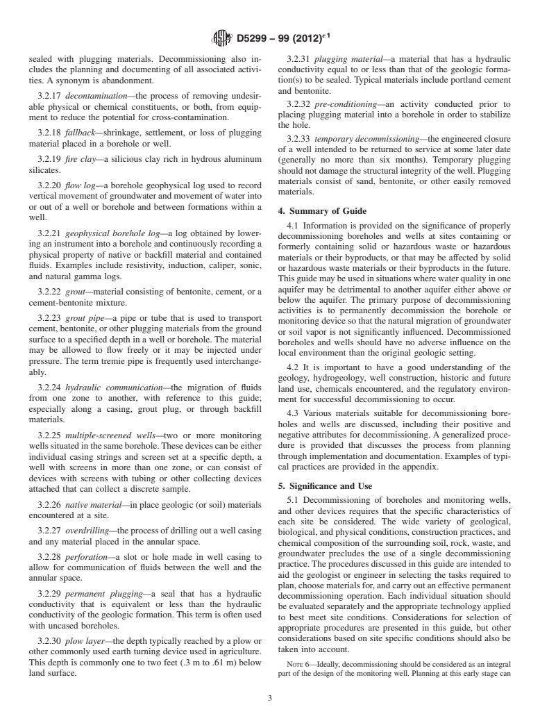 ASTM D5299-99(2012)e1 - Standard Guide for  Decommissioning of Groundwater Wells, Vadose Zone Monitoring  Devices, Boreholes, and Other Devices for Environmental Activities