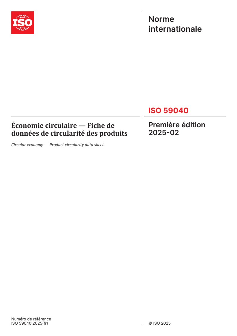 ISO 59040:2025 - Économie circulaire — Fiche de données de circularité des produits
Released:3. 02. 2025