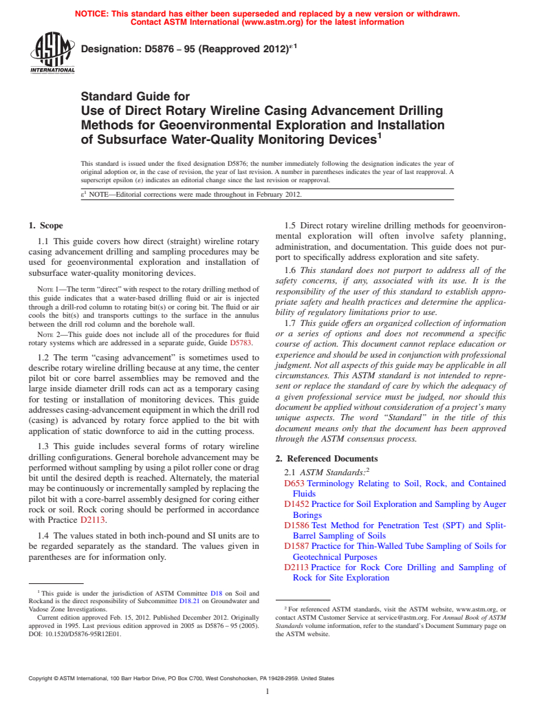 ASTM D5876-95(2012)e1 - Standard Guide for  Use of Direct Rotary Wireline Casing Advancement Drilling Methods   for Geoenvironmental Exploration and Installation of Subsurface Water-Quality    Monitoring Devices