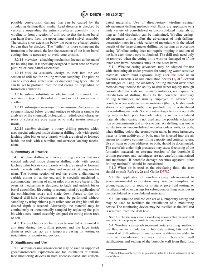 ASTM D5876-95(2012)e1 - Standard Guide for  Use of Direct Rotary Wireline Casing Advancement Drilling Methods   for Geoenvironmental Exploration and Installation of Subsurface Water-Quality    Monitoring Devices