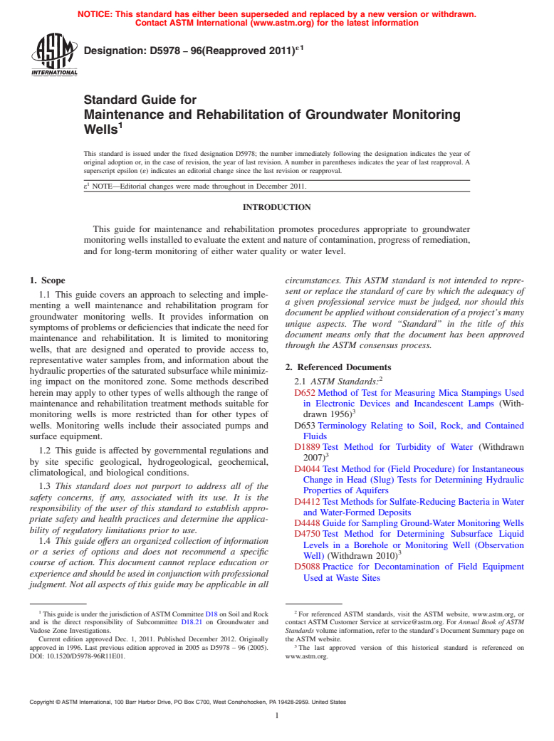 ASTM D5978-96(2011)e1 - Standard Guide for  Maintenance and Rehabilitation of Groundwater Monitoring Wells