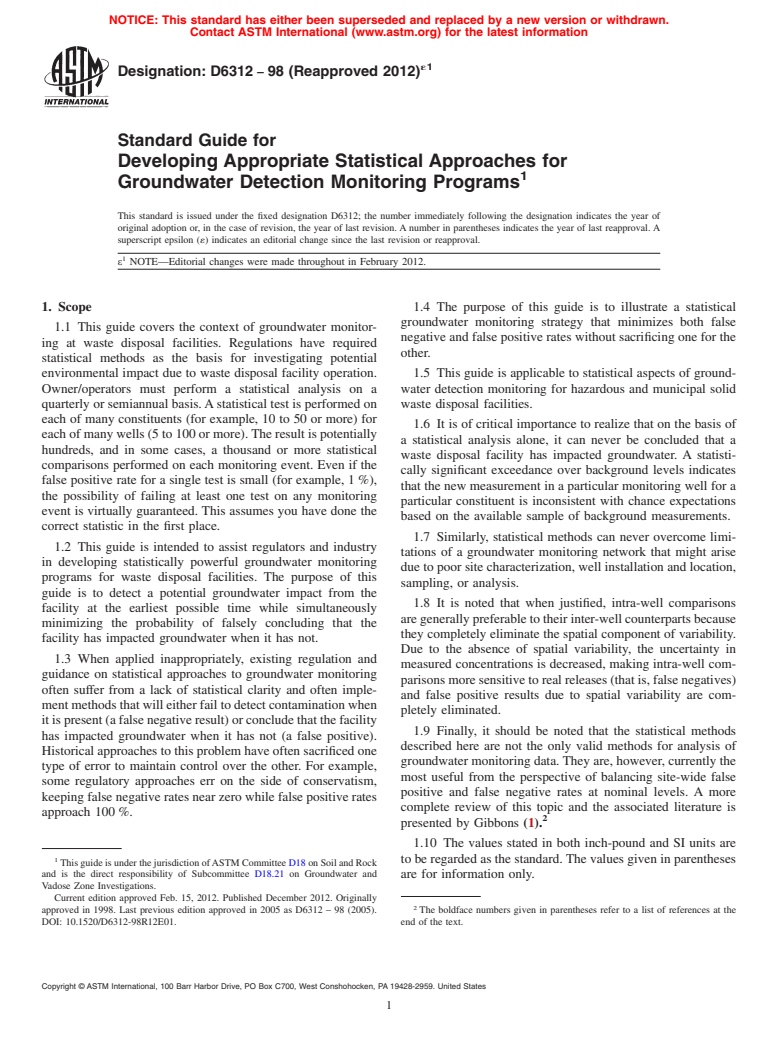 ASTM D6312-98(2012)e1 - Standard Guide for  Developing Appropriate Statistical Approaches for Groundwater   Detection Monitoring Programs