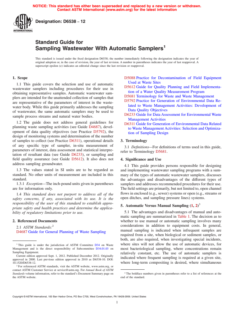 ASTM D6538-12 - Standard Guide for  Sampling Wastewater With Automatic Samplers