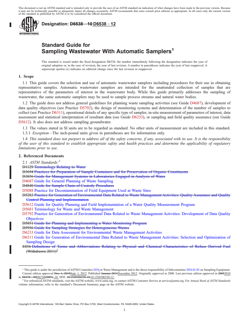 REDLINE ASTM D6538-12 - Standard Guide for  Sampling Wastewater With Automatic Samplers