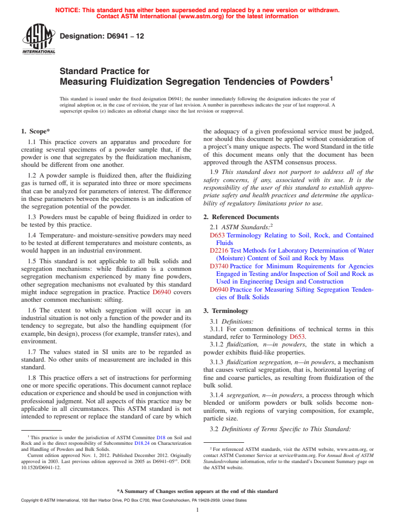 ASTM D6941-12 - Standard Practice for Measuring Fluidization Segregation Tendencies of Powders