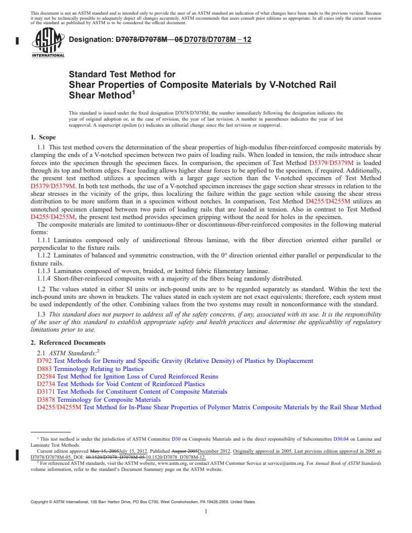 REDLINE ASTM D7078/D7078M-12 - Standard Test Method for  Shear Properties of Composite Materials by V-Notched Rail Shear  Method