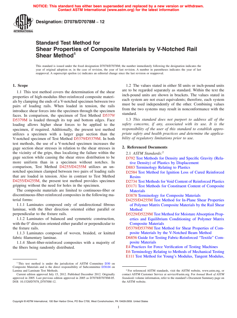 ASTM D7078/D7078M-12 - Standard Test Method for  Shear Properties of Composite Materials by V-Notched Rail Shear  Method