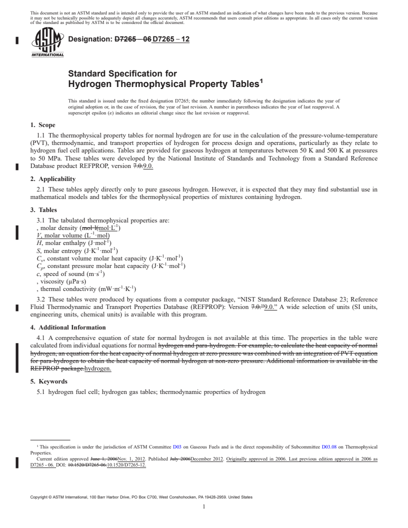 REDLINE ASTM D7265-12 - Standard Specification for  Hydrogen Thermophysical Property Tables