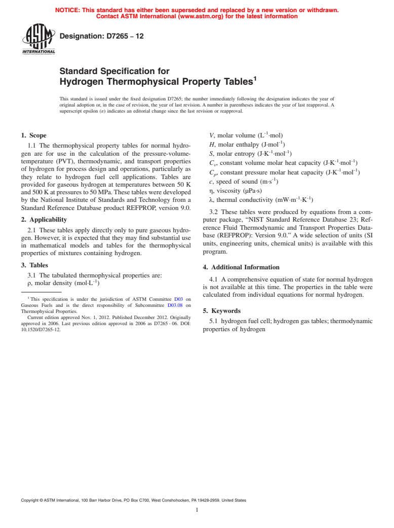 ASTM D7265-12 - Standard Specification for  Hydrogen Thermophysical Property Tables