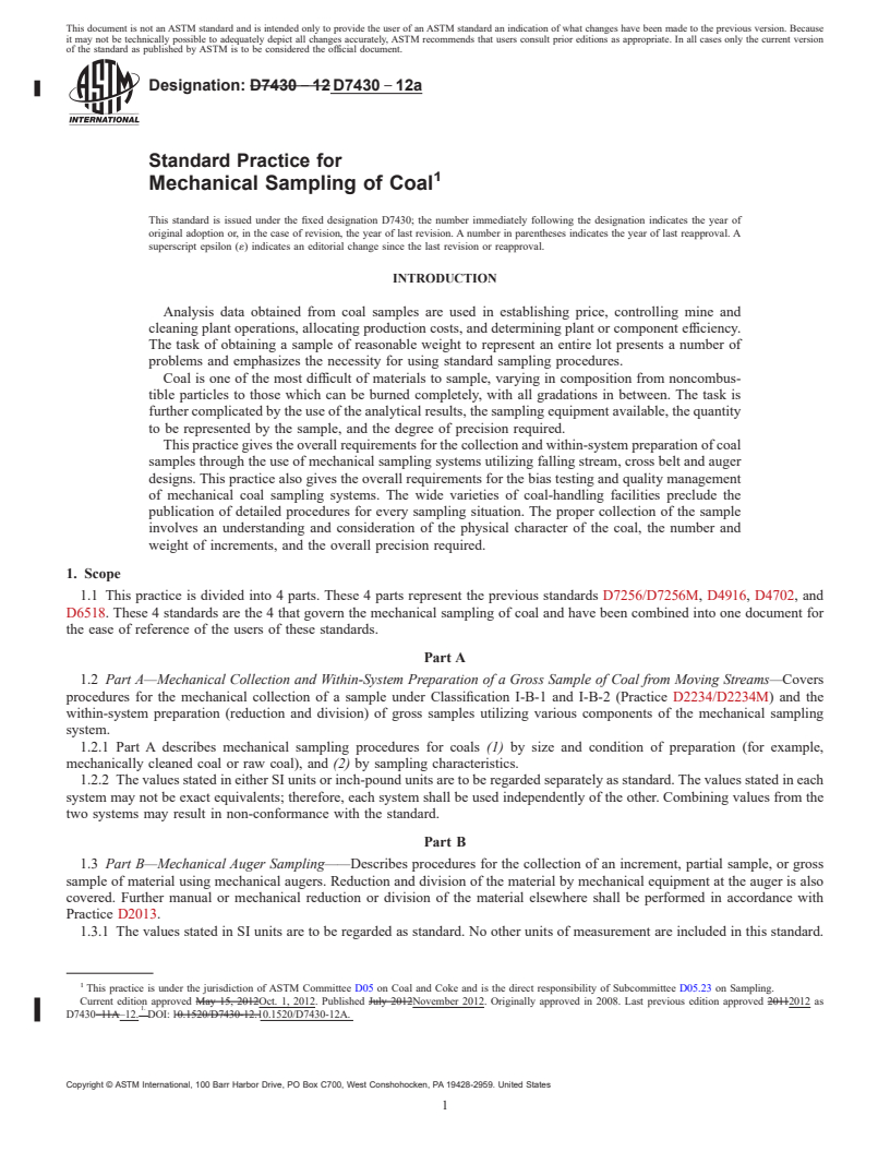 REDLINE ASTM D7430-12a - Standard Practice for  Mechanical Sampling of Coal