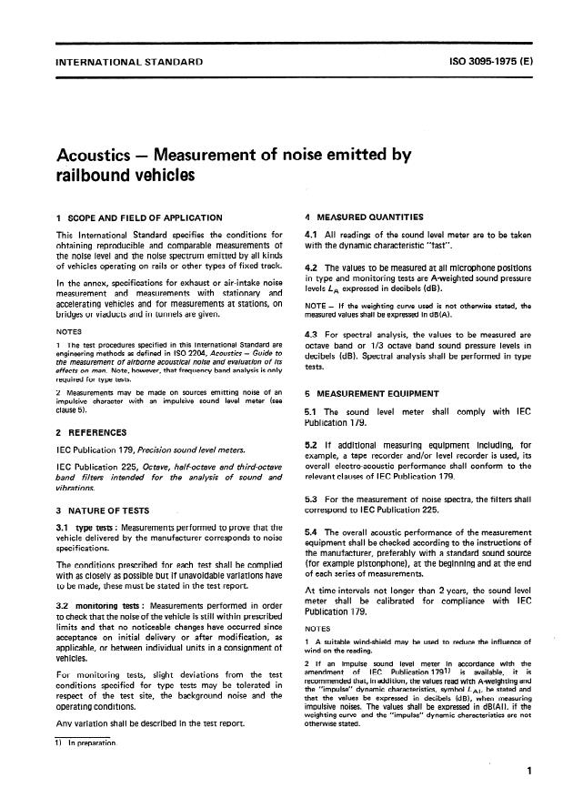 ISO 3095:1975 - Acoustics -- Measurement of noise emitted by railbound vehicles