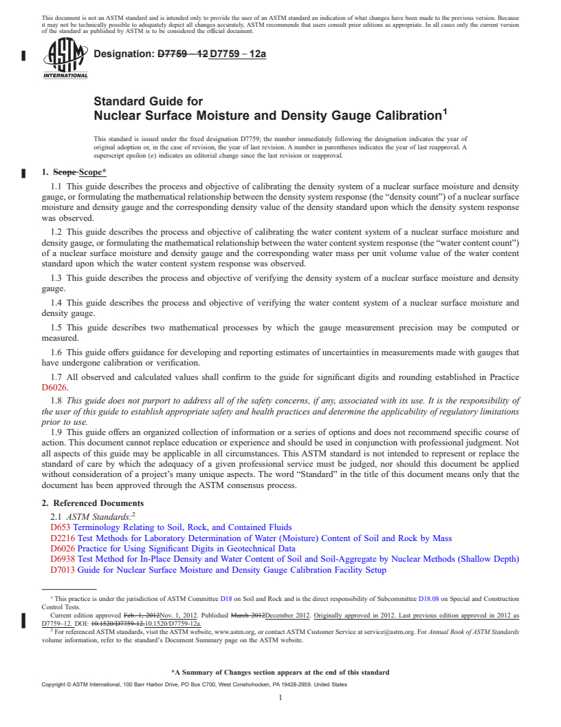 REDLINE ASTM D7759-12a - Standard Guide for  Nuclear Surface Moisture and Density Gauge Calibration