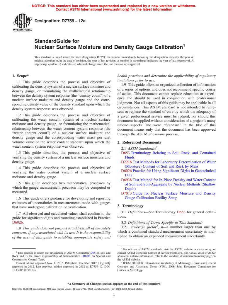 ASTM D7759-12a - Standard Guide for  Nuclear Surface Moisture and Density Gauge Calibration