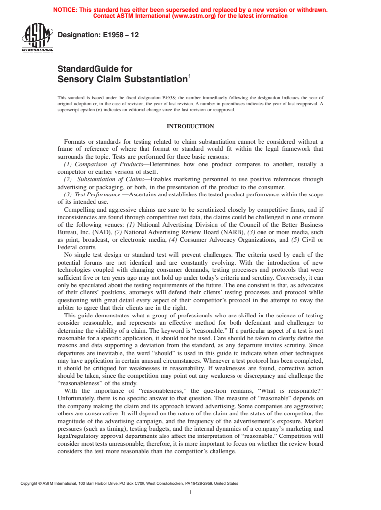 ASTM E1958-12 - Standard Guide for Sensory Claim Substantiation