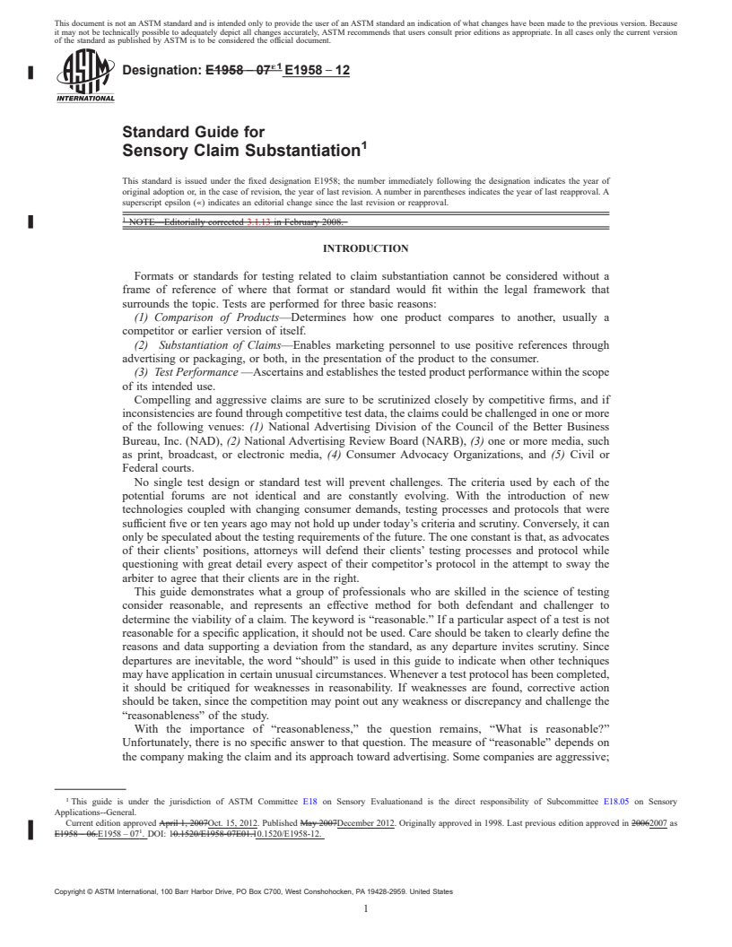 REDLINE ASTM E1958-12 - Standard Guide for Sensory Claim Substantiation