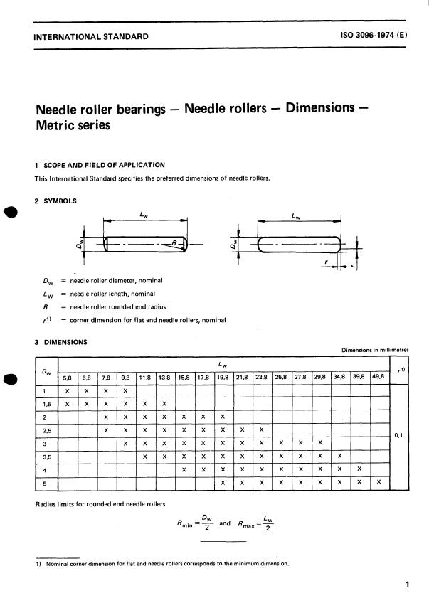 ISO 3096:1974 - Needle roller bearings -- Needle rollers -- Dimensions -- Metric series