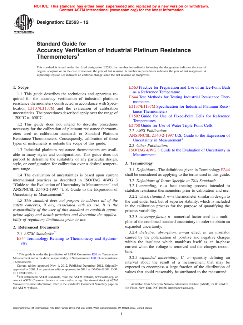 ASTM E2593-12 - Standard Guide for  Accuracy Verification of Industrial Platinum Resistance Thermometers