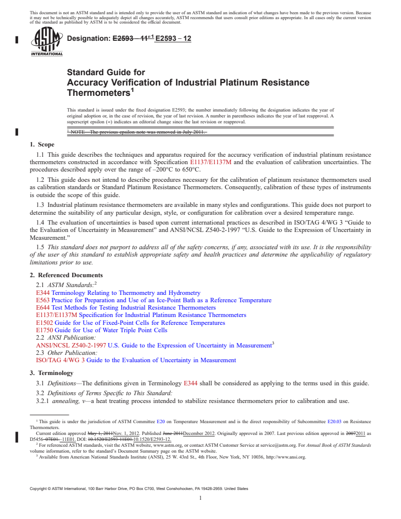 REDLINE ASTM E2593-12 - Standard Guide for  Accuracy Verification of Industrial Platinum Resistance Thermometers