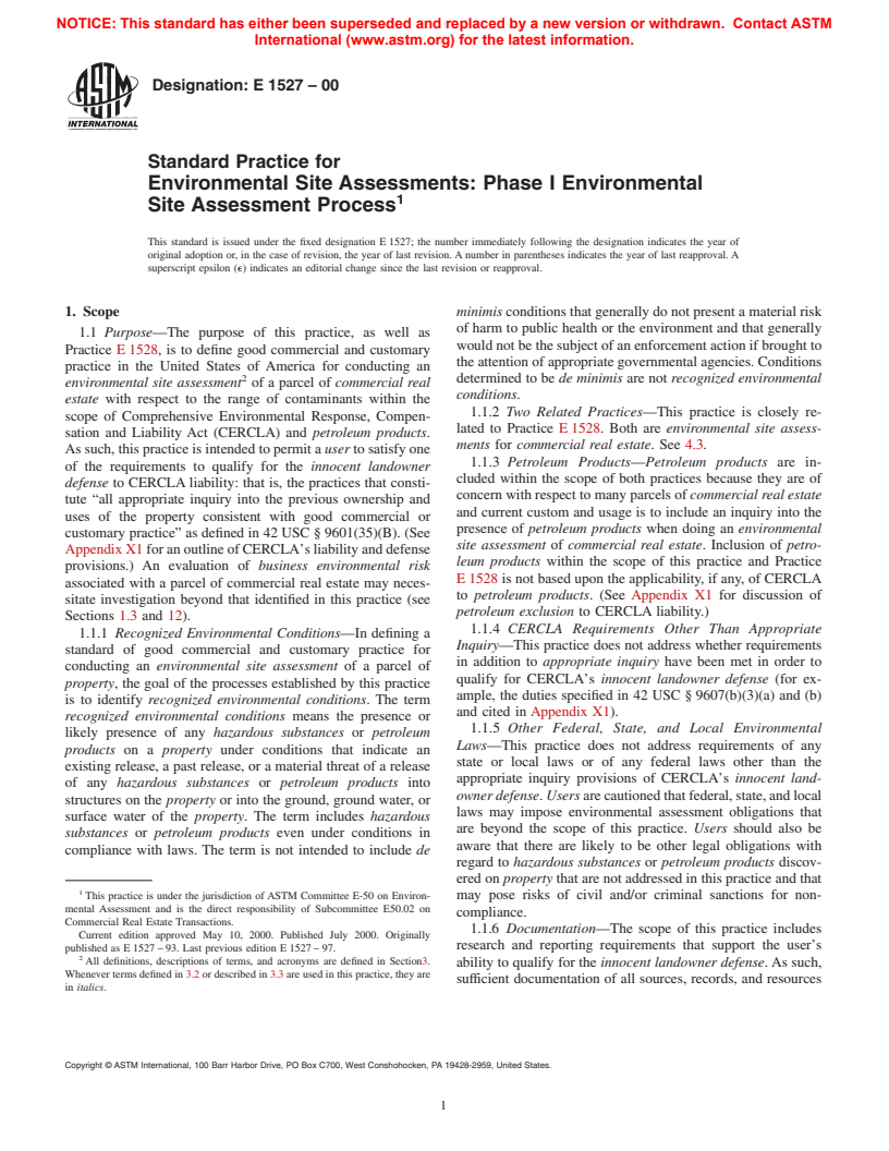 ASTM E1527-00 - Standard Practice for Environmental Site Assessments: Phase 1 Environmental Site Assessment Process