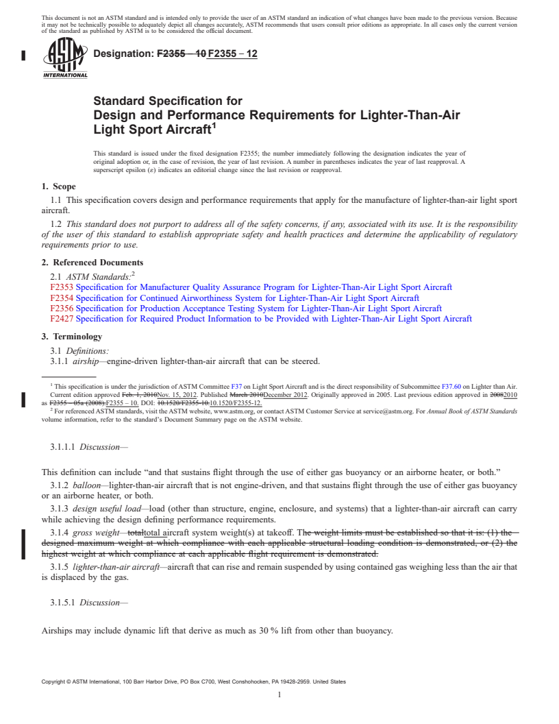 REDLINE ASTM F2355-12 - Standard Specification for  Design and Performance Requirements for Lighter-Than-Air Light  Sport Aircraft