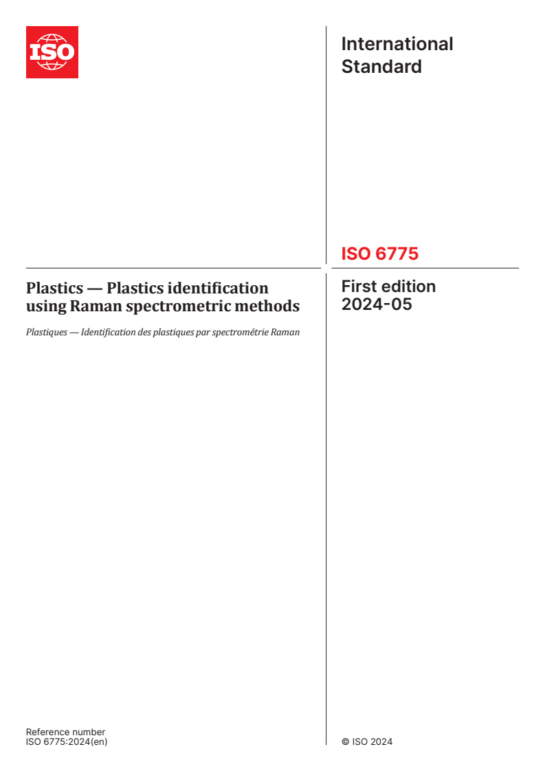 ISO 6775:2024 - Plastics — Plastics identification using Raman spectrometric methods
Released:15. 05. 2024