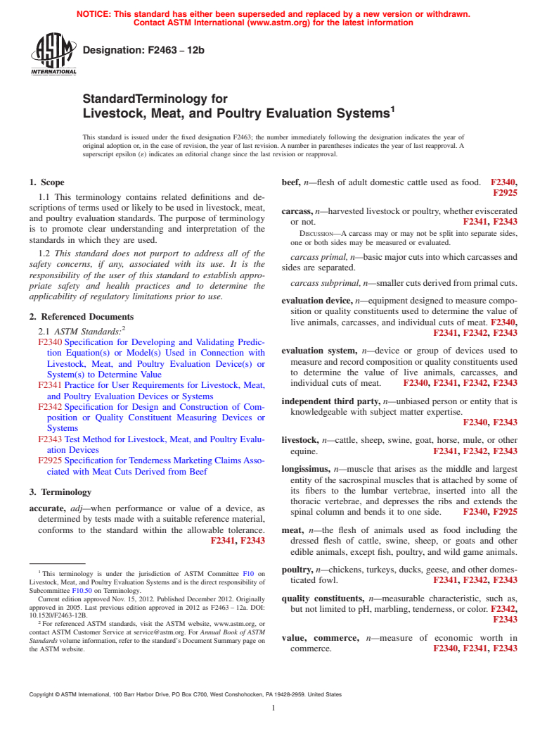 ASTM F2463-12b - Standard Terminology for Livestock, Meat, and Poultry Evaluation Systems