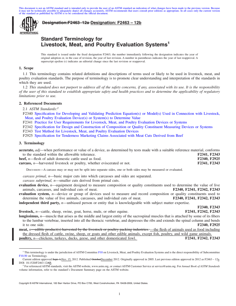 REDLINE ASTM F2463-12b - Standard Terminology for Livestock, Meat, and Poultry Evaluation Systems