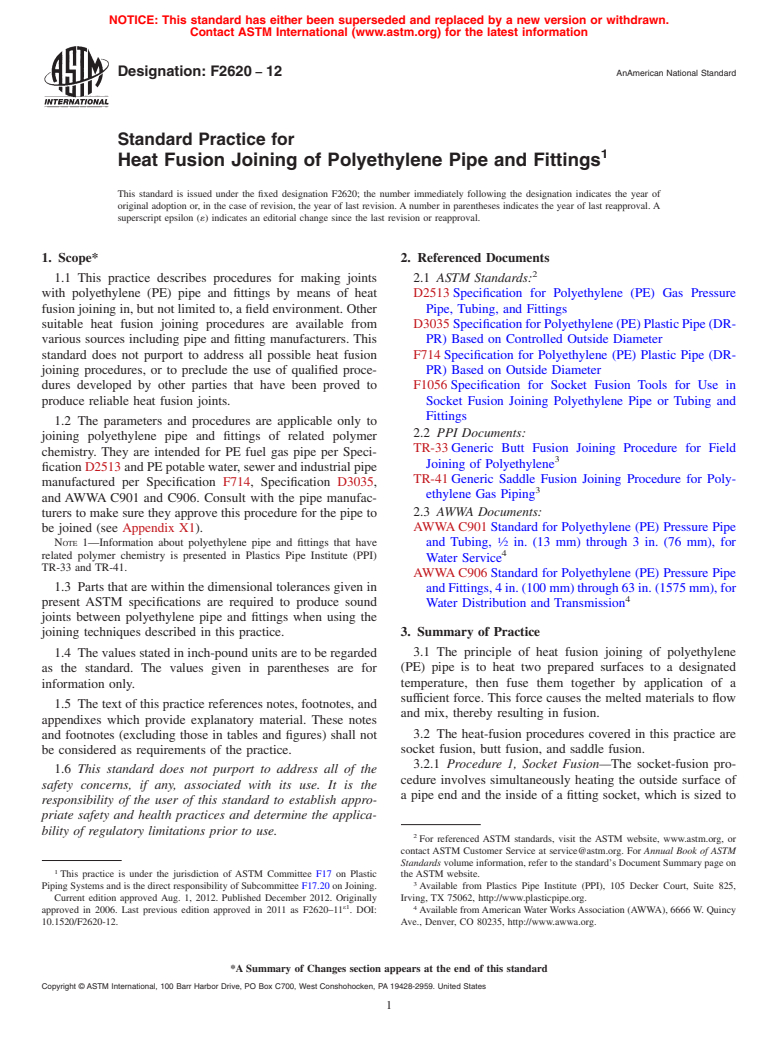 ASTM F2620-12 - Standard Practice for  Heat Fusion Joining of Polyethylene Pipe and Fittings