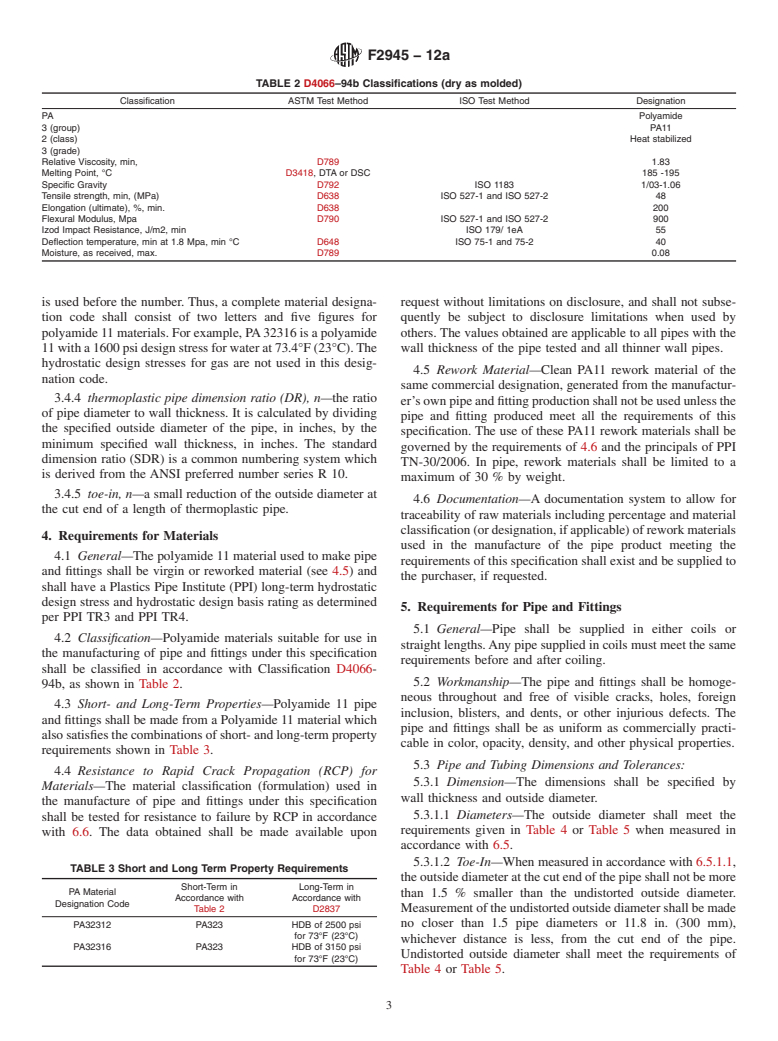 ASTM F2945-12a - Standard Specification for Polyamide 11 Gas Pressure Pipe, Tubing, and Fittings