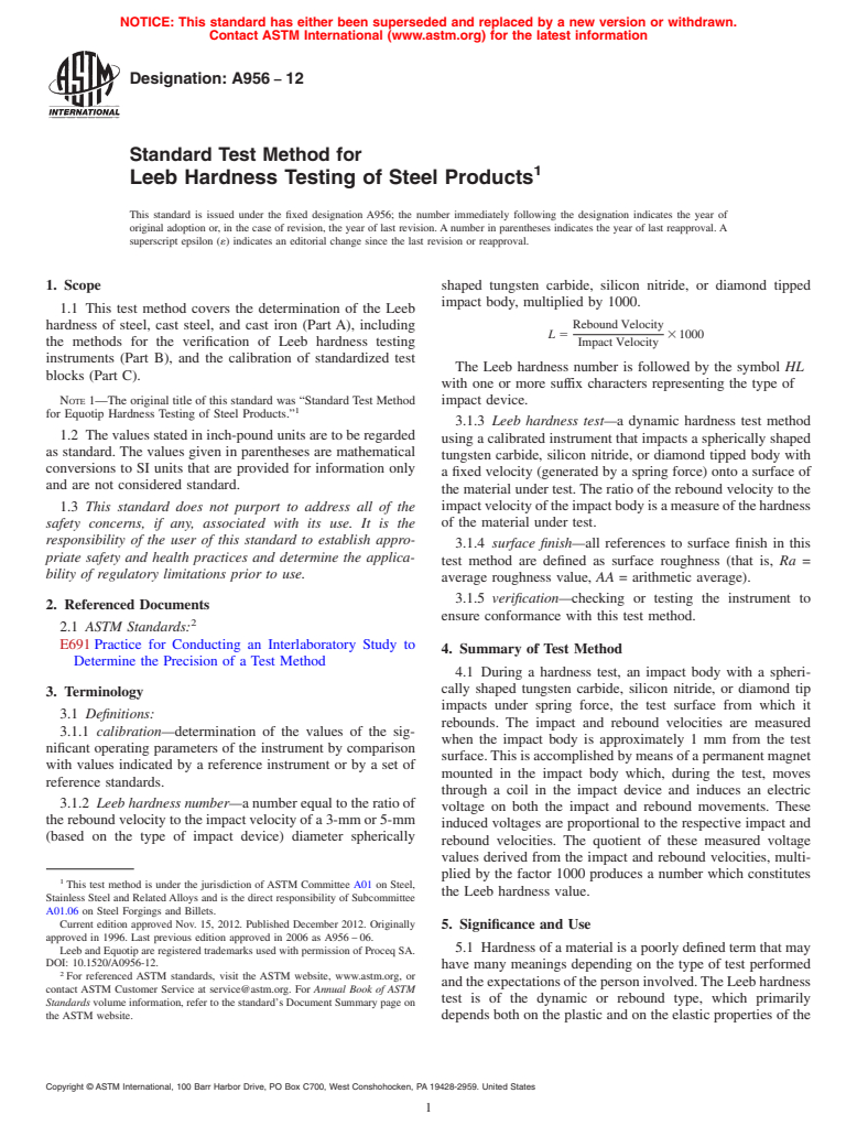 ASTM A956-12 - Standard Test Method for  Leeb Hardness Testing of Steel Products