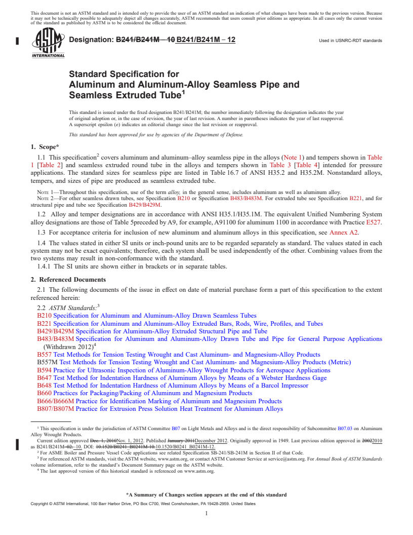 REDLINE ASTM B241/B241M-12 - Standard Specification for Aluminum and Aluminum-Alloy Seamless Pipe and Seamless Extruded Tube
