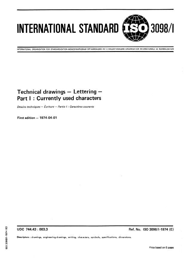ISO 3098-1:1974 - Technical drawings -- Lettering